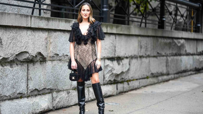 woman wearing lined sheer dress