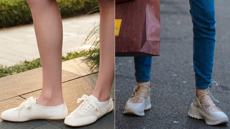A close-up of two pairs of lace-up sneakerinas