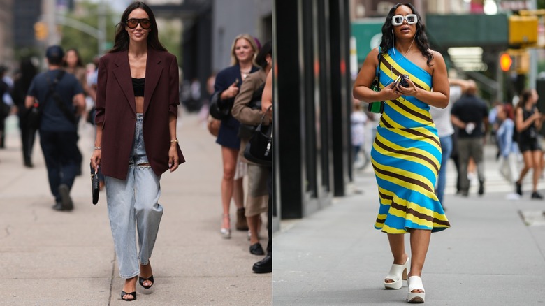 A woman wearing jeans and a blazer with peep-toe mules next to a woman wearing a striped dress with peep-toe platform mules