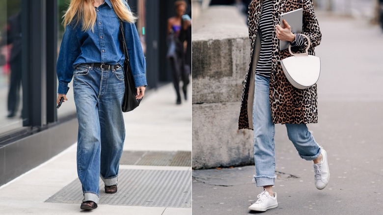 A woman wearing ballet flats with cuffed jeans and a woman wearing sneakers with her cuffed jeans