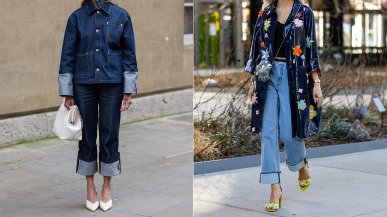 A woman wearing cuffed jeans with mules and one with heeled sandals