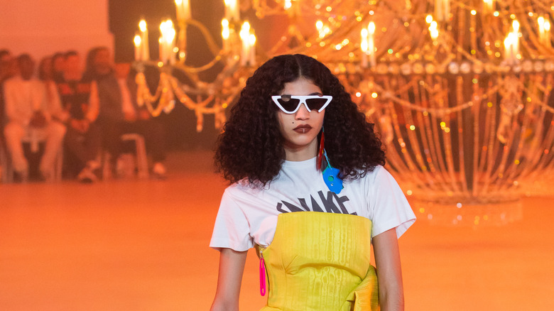 red and blue dangly earring