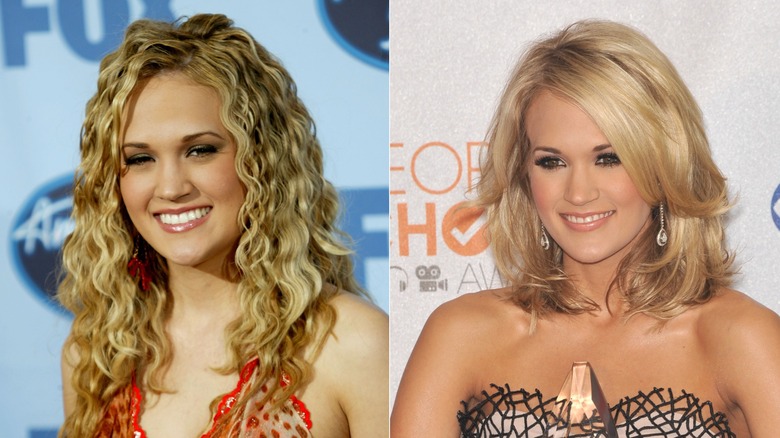 Side by side of Carrie Underwood with curly hair and side bangs with a lob