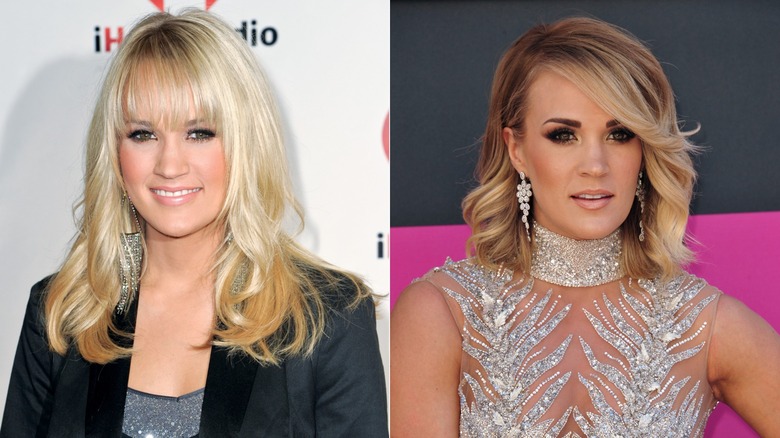 Side by side of Carrie Underwood with bangs and a lob