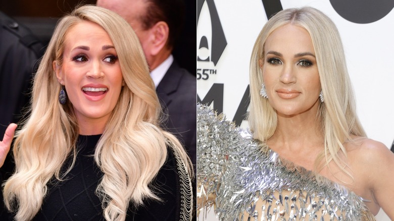 Side by side of Carrie Underwood with long white-blond sleek hair