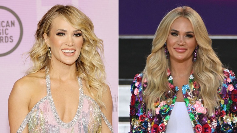 Side by side of Carrie Underwood with golden structures waves and curls