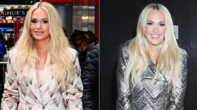 Side by side of Carrie Underwood with platinum blond brushed-out waves