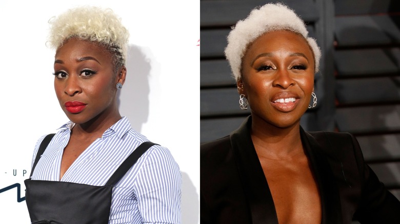 Cynthia Erivo posing with a blond undercut, and then with white-blond natural hair