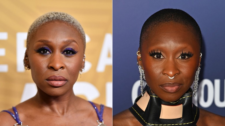 Cynthia Erivo with a blond buzzcut and with a dark buzzcut
