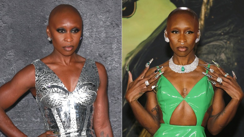 Cynthia Erivo with a shaved head in a silver dress and in a green dress