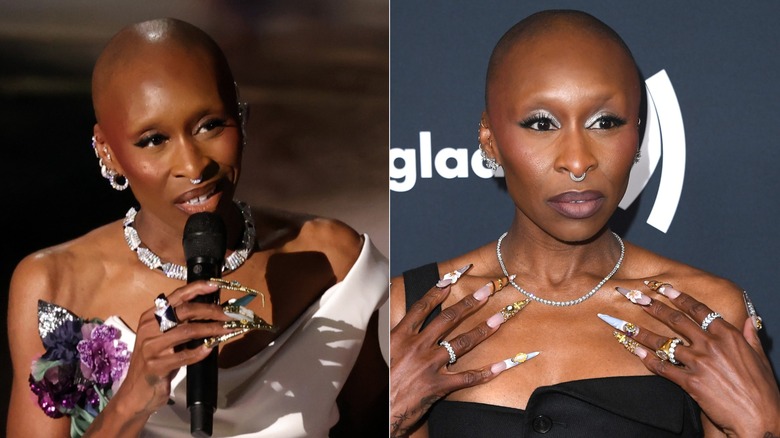 Cynthia Erivo singing with a bald head at the Oscars, and posing in a black dress