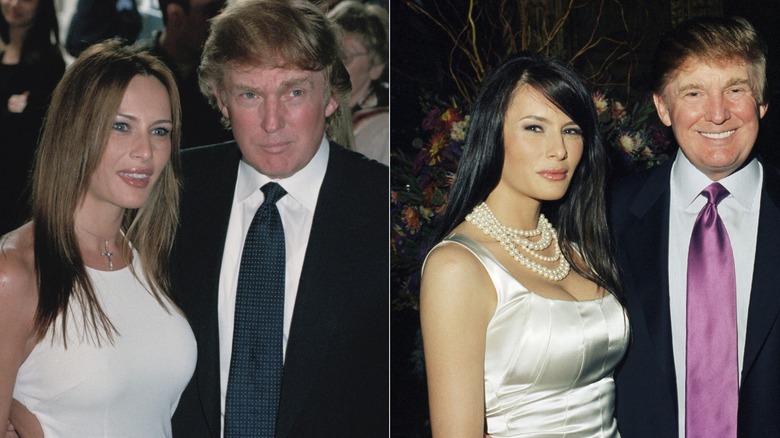 L: Melania Trump with a middle part next to Donald Trump. R: Melania Trump with dark hair next to Donald Trump