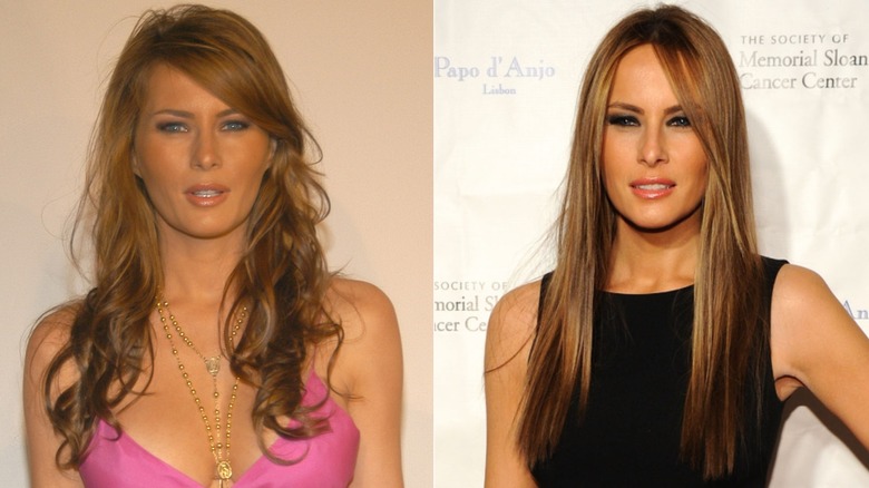 L: Melania Trump with ginger curls and side bangs. R: Melania Trump with pin-straight hair