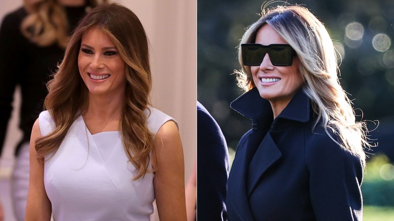 L: Melania Trump with money highlights in 2016. R: Melania Trump with cool blond hair in 2020