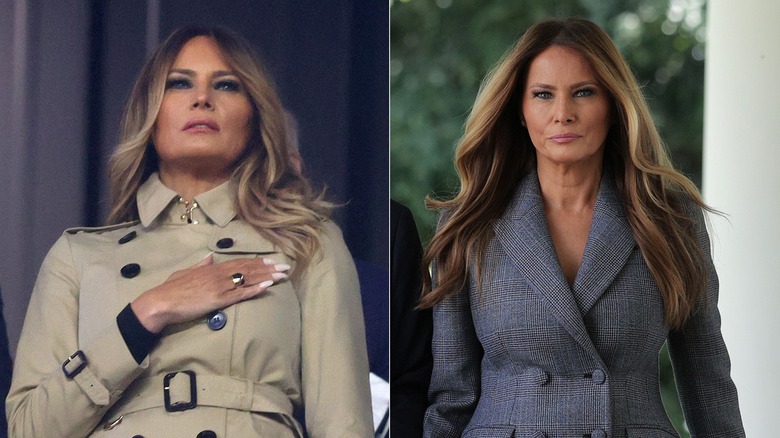 L: Melania Trump with face-framing highlights in a trench. R: Melania Trump with long thick hair and blond highlights in 2025.