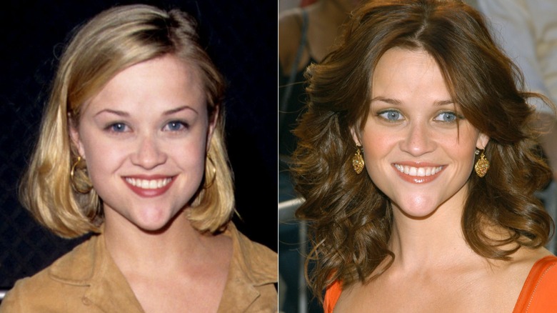 A side by side of Reese Witherspoon in the '90s with a side-parted lob and Reese Witherspoon in 2004 with brown hair
