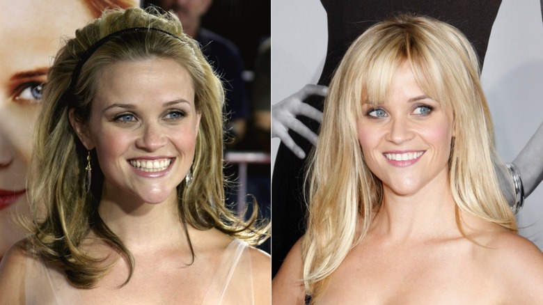 Reese Witherspoon with dark-blond hair on the red carpet next to Reese Witherspoon with platinum-blond hair and bangs on the red carpet