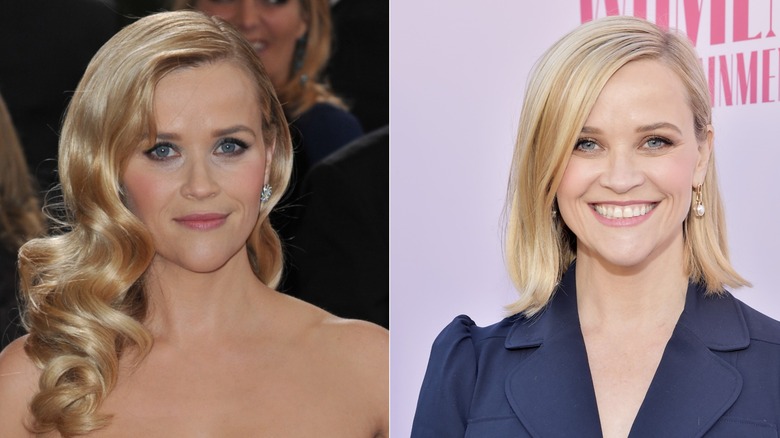 Reese Witherspoon with a glamorous side-parted hairstyle next to Reese Witherspoon with a side-parted lob