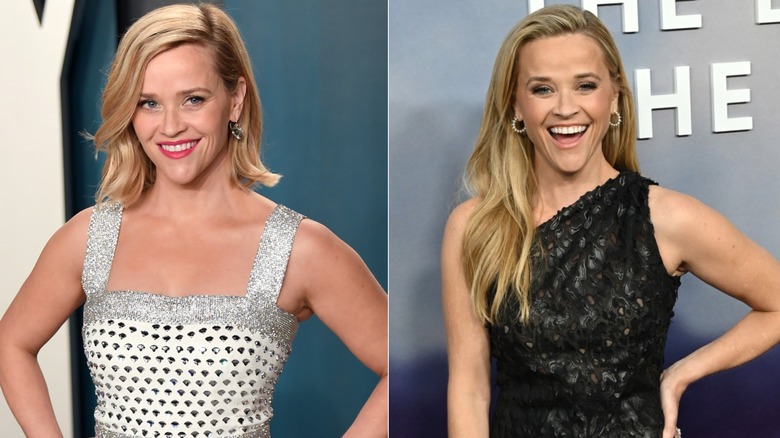 Reese Witherspoon with a side-parted wavy lob next to Reese Witherspoon with long glossy waves