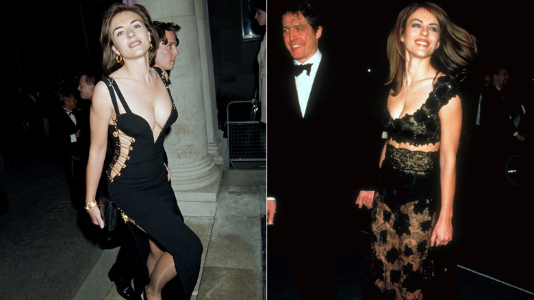 Elizabeth Hurley wearing black dresses in the mid-1990s.