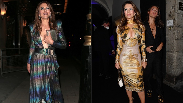 Elizabeth Hurley revealing dresses in 2021.