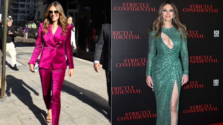 Elizabeth Hurley wearing a pink pantsuit in 2023 and a green dress in 2024.