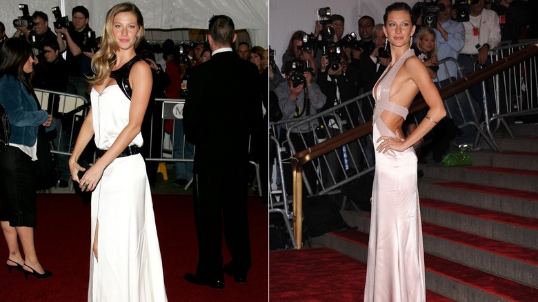 Gisele Bündchen wearing gowns at the Met Gala in 2007 and 2008.