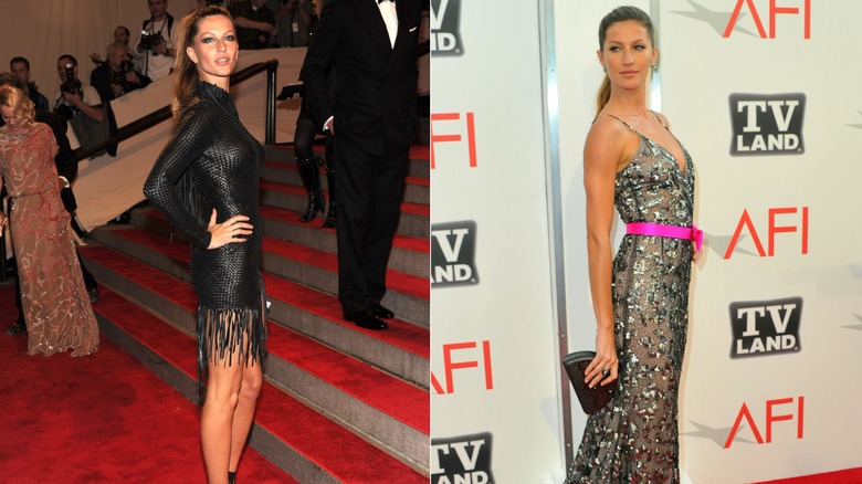 Gisele Bündchen wearing gowns at red carpet events in 2010 and 2011.