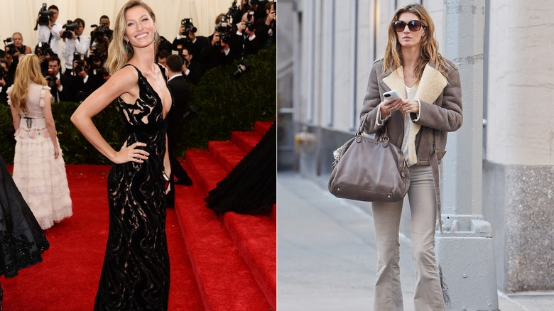 Gisele Bündche's red carpet style showing a black gown, and her street style of flare pants and a jacket in 2014 and 2015.