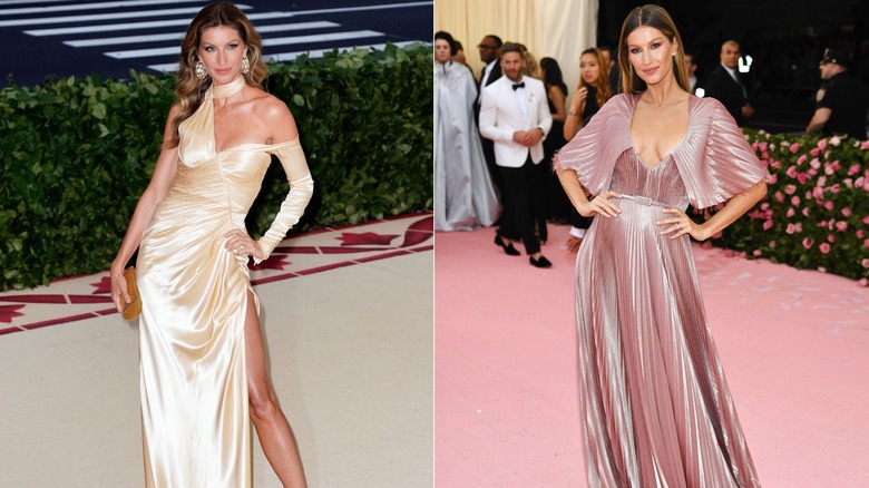 Gisele Bündchen wearing silk dresses at the Met Gala in 2018 and 2019.