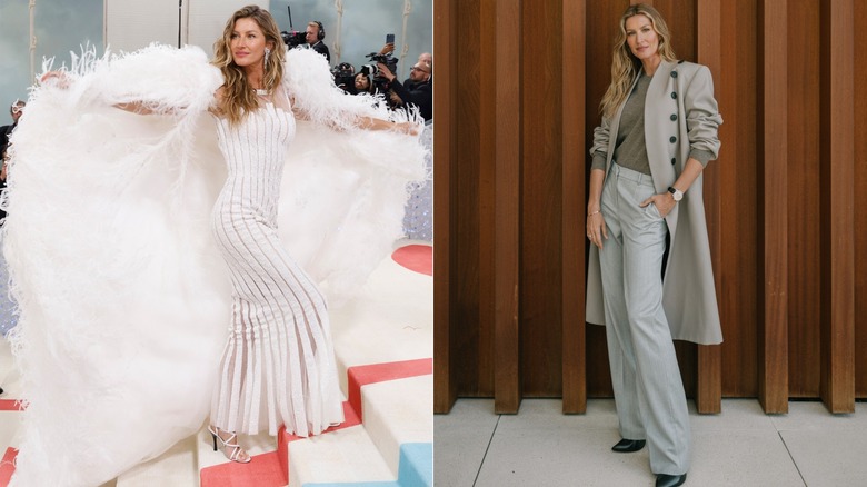 Gisele Bündche at the Met Gala wearing a white gown in 2023 and wearing a gray casual outfit in 2024.