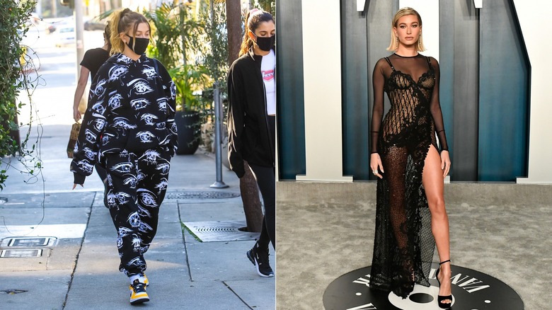 Hailey Bieber wearing sweatpants and glamorous fashion
