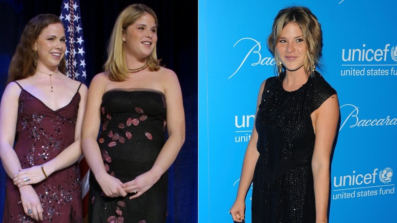 Jenna Bush Hager wearing a black strapless dress and a black sparkly dress