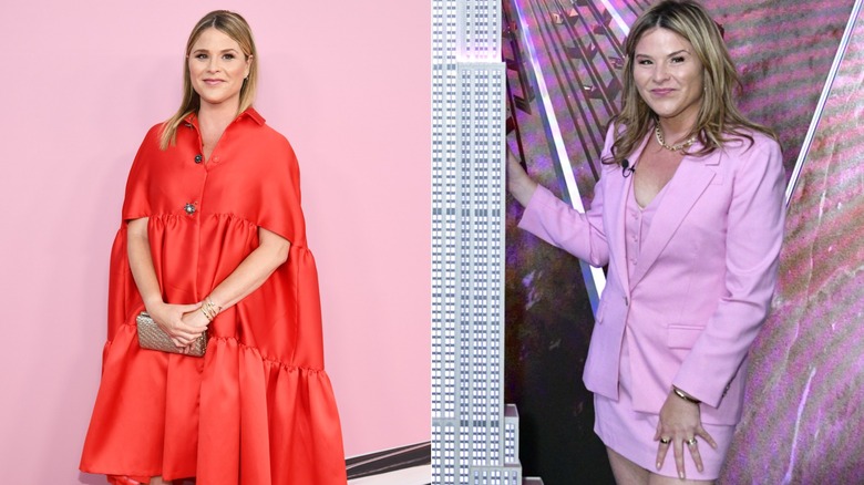 Jenna Bush Hager in a red dess and a pink suit with a miniskirt