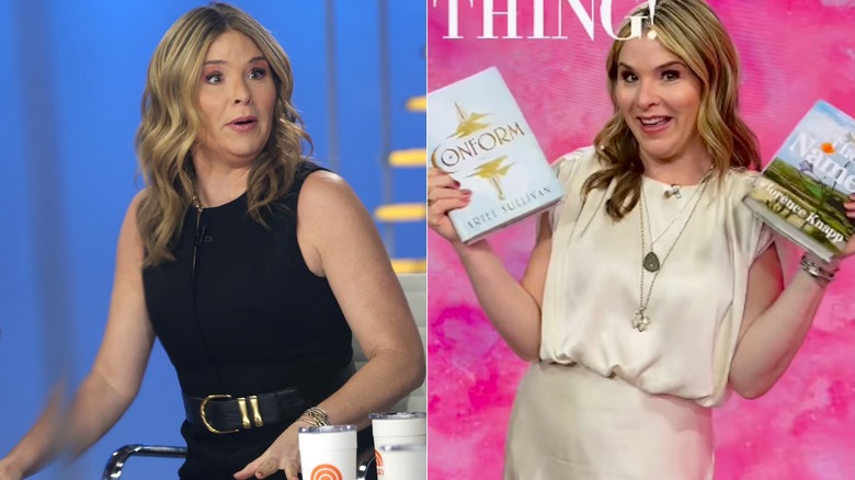 Jenna Bush Hager hosting Jenna and Friends, wearing a black outfit and a blue striped cardigan