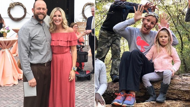 Jenny Marrs at a wedding with Dave Marrs, and posing with their children