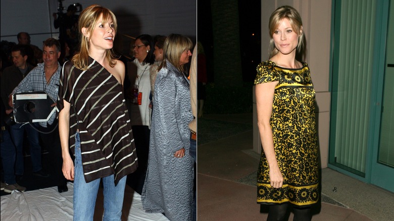 A side by side image of Julie Bowen wearing a stripeed top and a yellow patterned dress