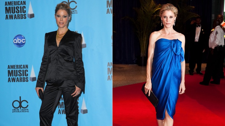 A side by side image of Julie Bowen posing in a black suit and a blue wrap dress