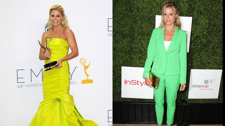 A side by side image of Julie Bowen holding award in a lime dress and posing in a mint suit
