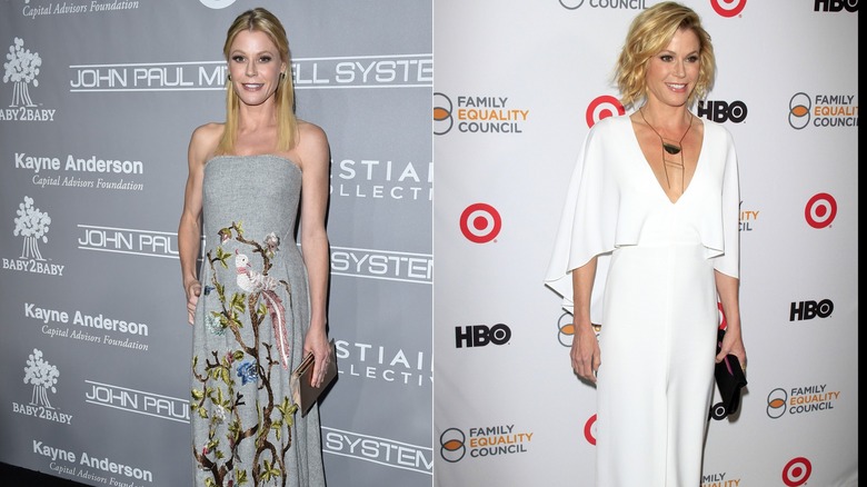 A side by side image of Julie Bowen holding a clutch in a gray strapless dress, and a white dress with a deep-V neckline