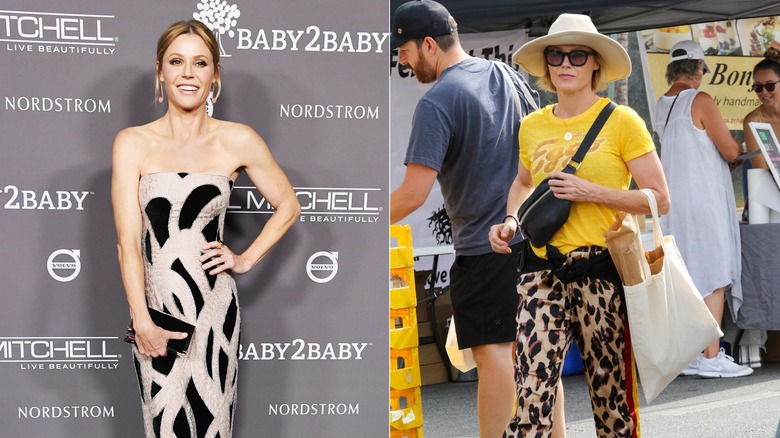A side by side image of Julie Bowen posing in a strapless gown and wearing a yellow T-shirt with leopard pants