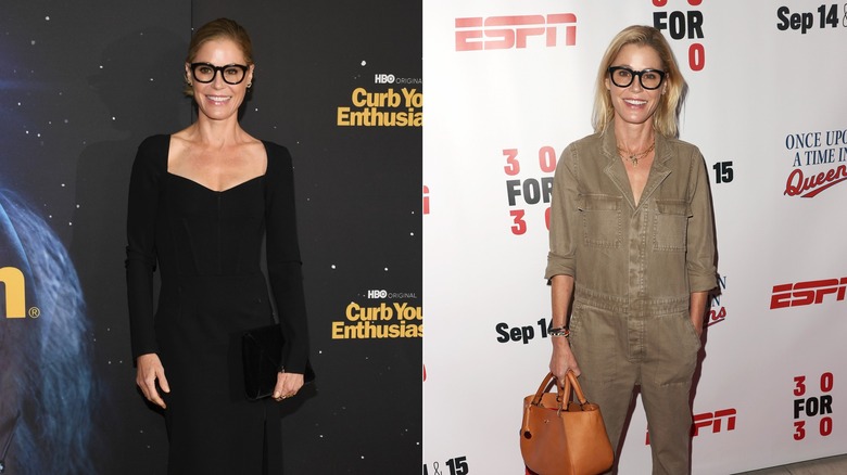 A side by side image of Julie Bowen wearing glasses in a black dress and wearing glasses with a brown suit