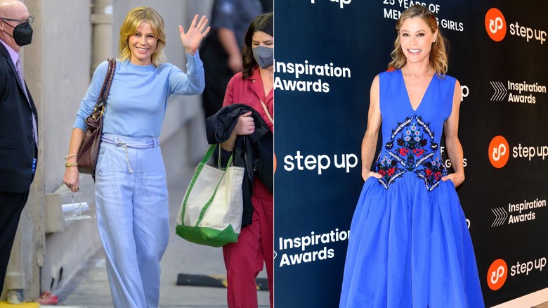 A side by side image of Julie Bowen wearing blue pants and a top next to her wearing a blue patterned dress