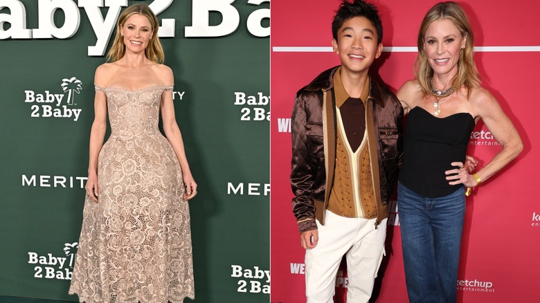 A side by side image of Julie Bowen in lace on the red carpet and in jeans and a corset