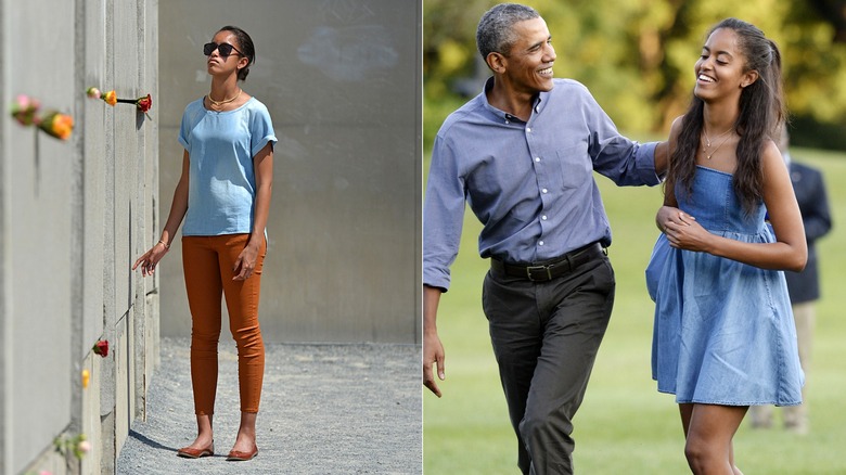 Side-by-side of Malia Obama wearing a T-shirt with skinny jeans and a denim babydoll dress.