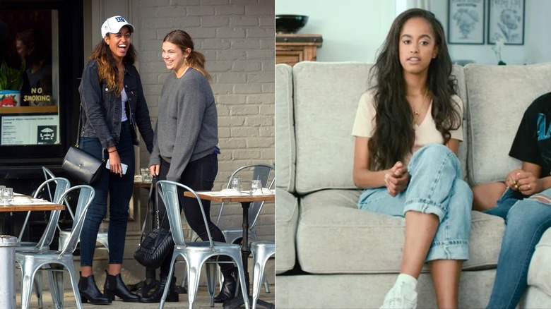 Side-by-side of Malia Obama dressed casually on the street and in an interview.