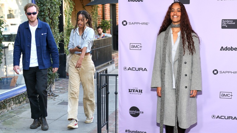 Side-by-side of Malia Obama wearing baggy pants on the street and a large overcoat on the red carpet.