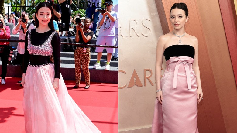 Mikey Madison wears a pink bra and skirt set over a black bodysuit next to a black dress with a pink satin overlay