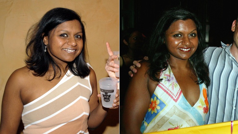 Mindy Kaling smiling and holding a glass, then smiling in a halter top