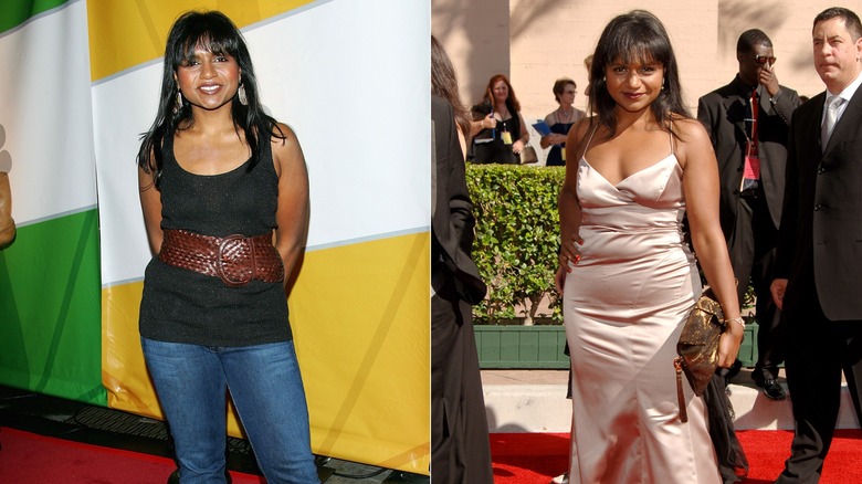 Mindy Kaling wearing big belt and then posing in a satin dress